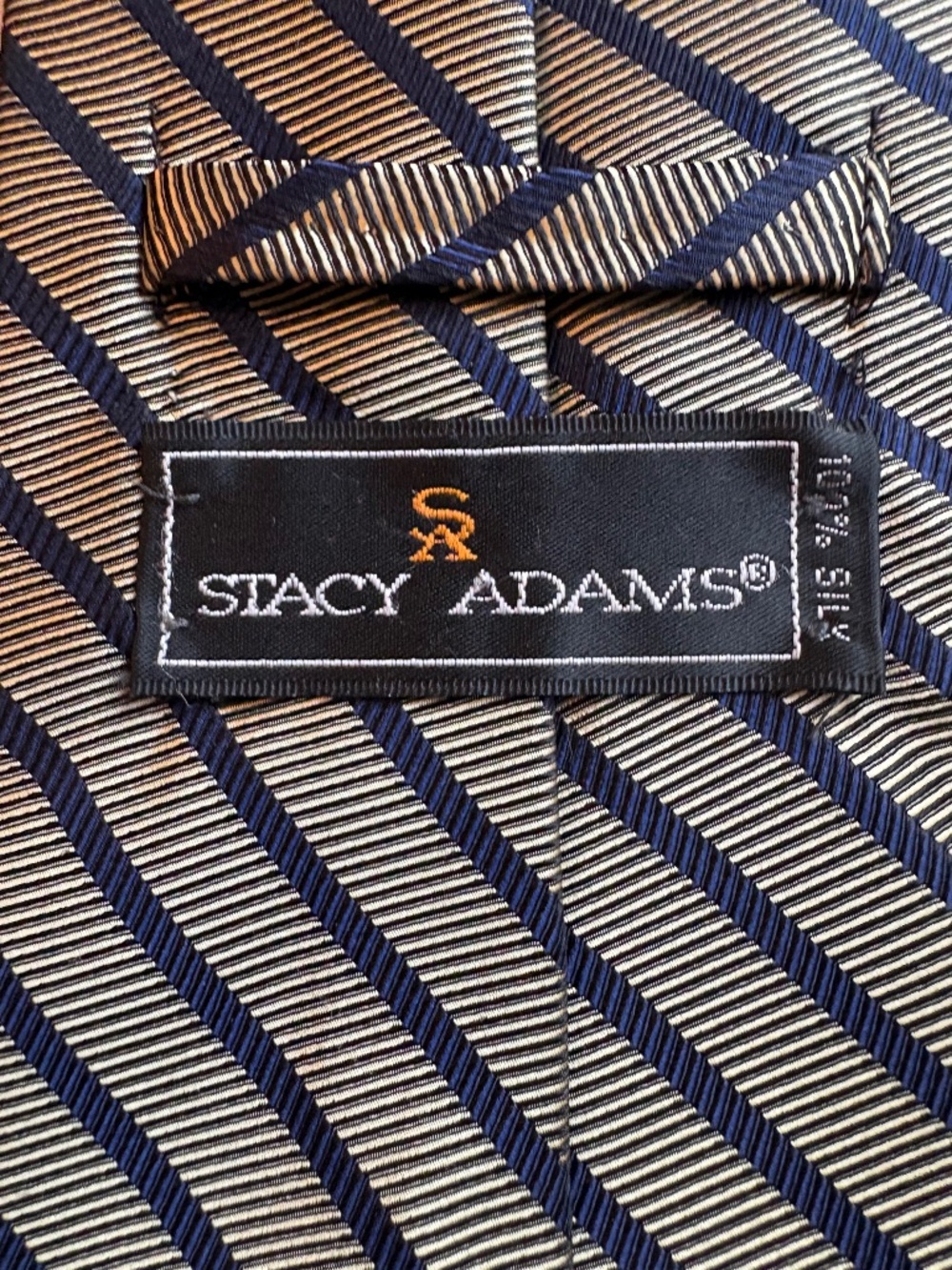 Stacy Adams Vintage 100% Silk Striped Necktie USA Made Navy Gold